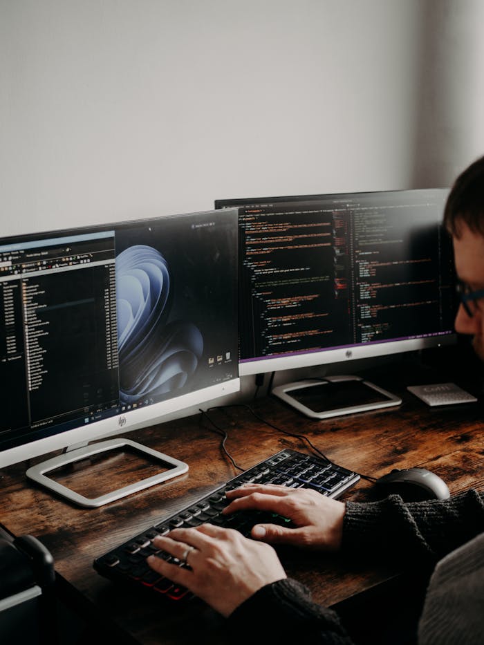 Man Sitting at Desk Working on Computers